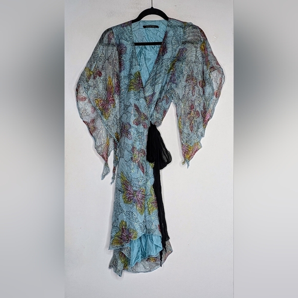 Black Halo • Butterfly Print Gold Detail Metallic Wrap Dress in Blue - Picture 1 of 4